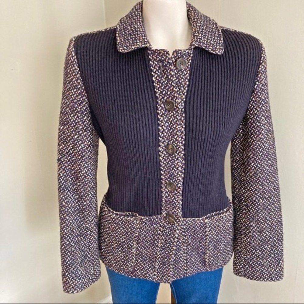 VINTAGE Prendang tweed plum multi button front sweater combo wool jacket